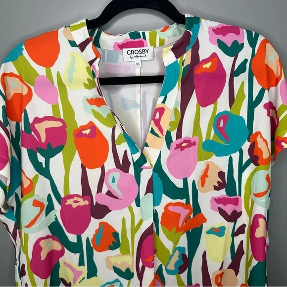 CROSBY by Mollie Burch Billie Blouse Tulip Print Colorful Floral Top Size XS - Picture 2 of 6